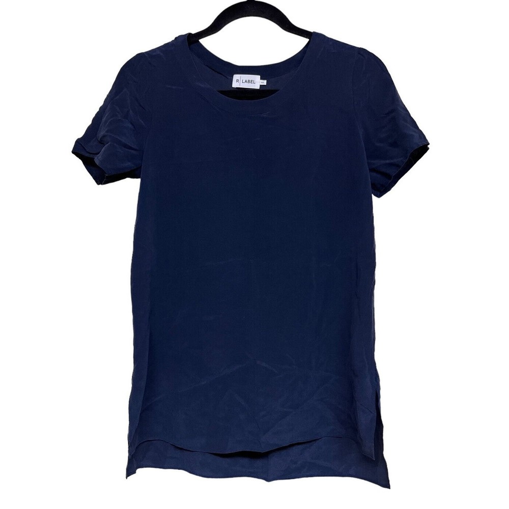R | Label Navy Blue‎ Short Sleeve Silk Top Women’s Size XS